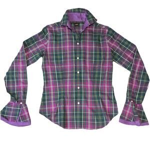 Vintage Ralph Lauren Purple Plaid Trumpet Cuff Tailored Button Down Women's 6